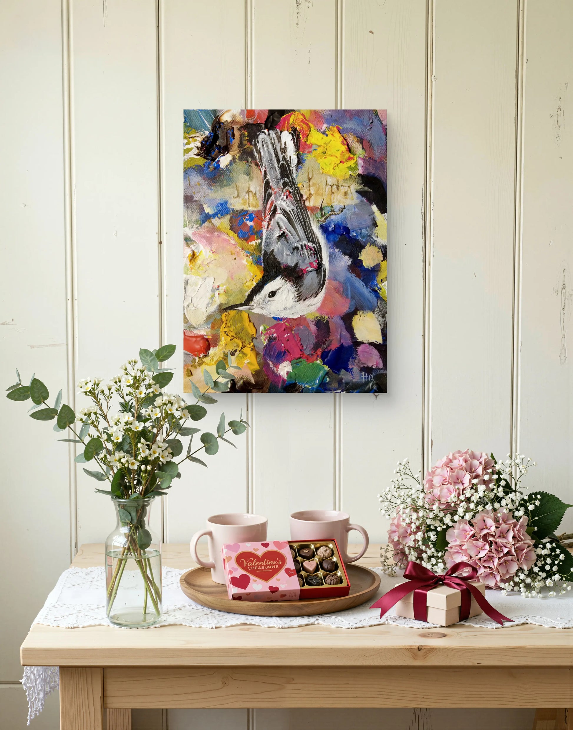 Handgemaltes Vogel Gemälde auf Leinwand, farbenfrohes Acrylbild für Kommode oder Regal