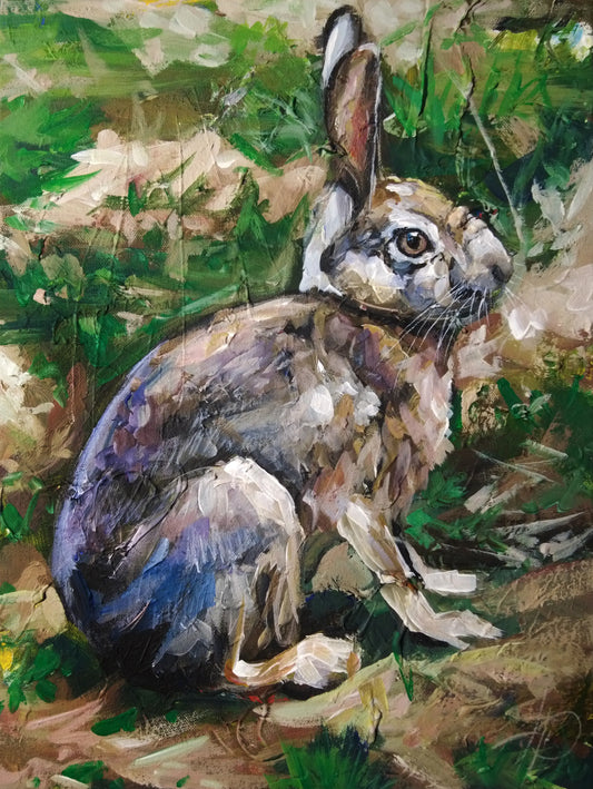 Seitlich blickender Hase Acrylbild auf Leinwand, gedeckte Töne, dekoratives Tierporträt für Wohnzimmer