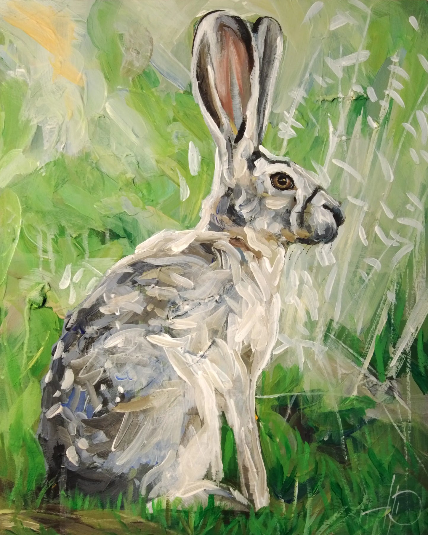 Hase in lebendigem Grün, Acrylbild auf Leinwand, dekoratives Tierportrait für Wohnzimmer