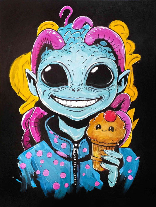 Gemälde Alien mit Mufin – handgemaltes Original Acrylbild (30 x 40 cm)