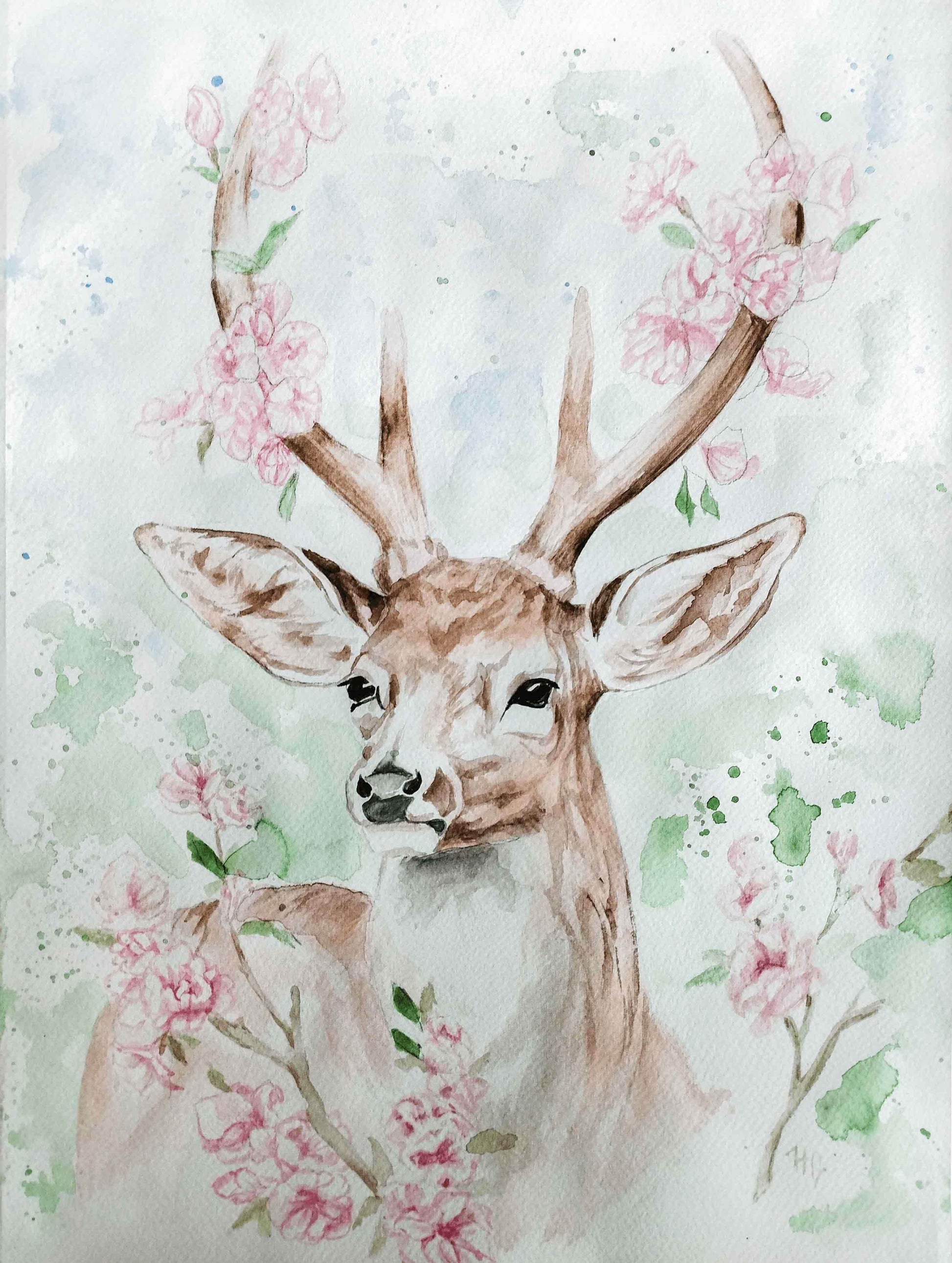 Aquarellbild Reh mit Blumen (30 × 40 cm) - H1Z Art