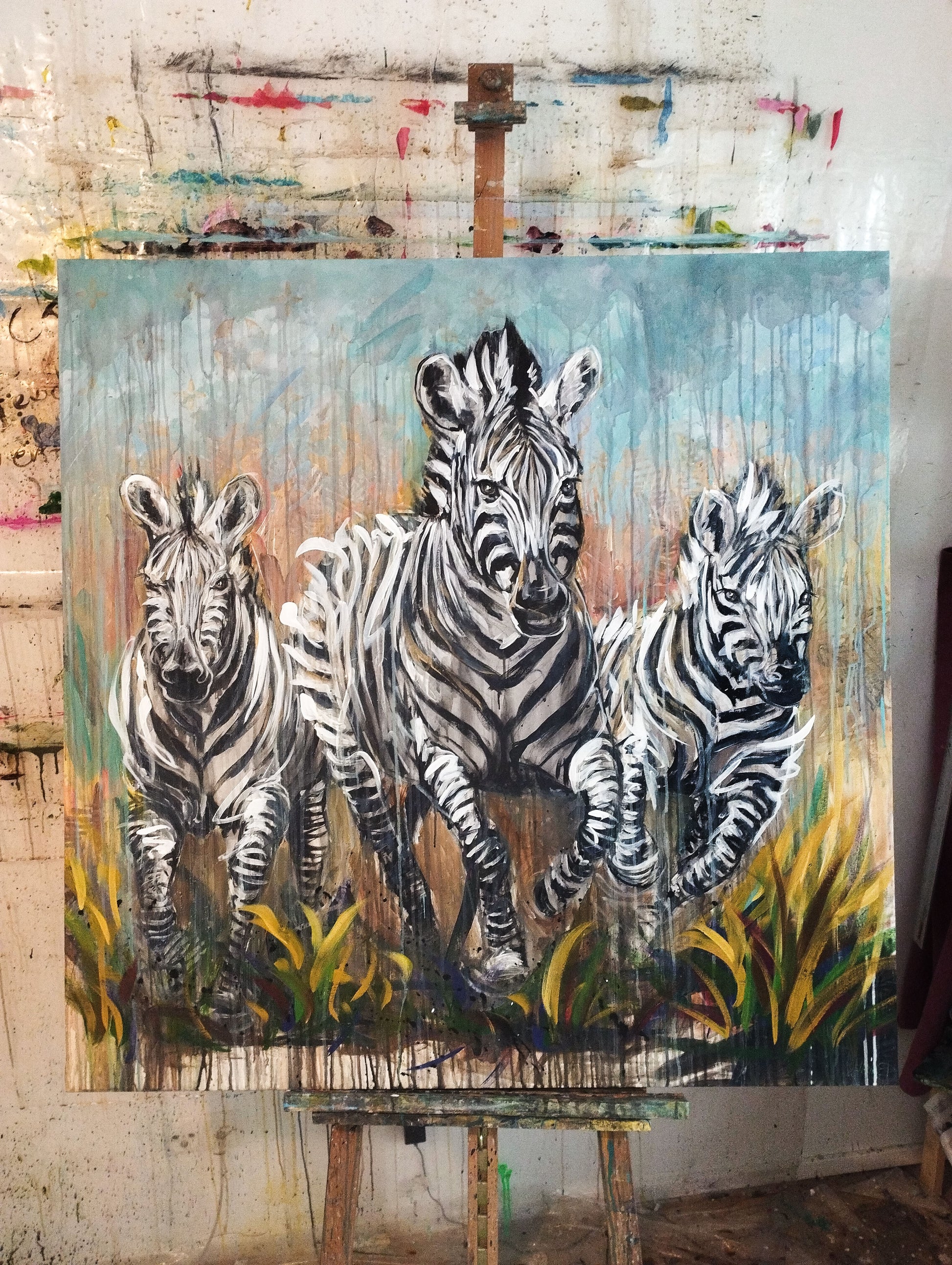 Heinz Acrylbild Acrylgemälde auf Leinwand - „Drei Zebras – drei Seelen in Bewegung“ 120 x 120 cm
