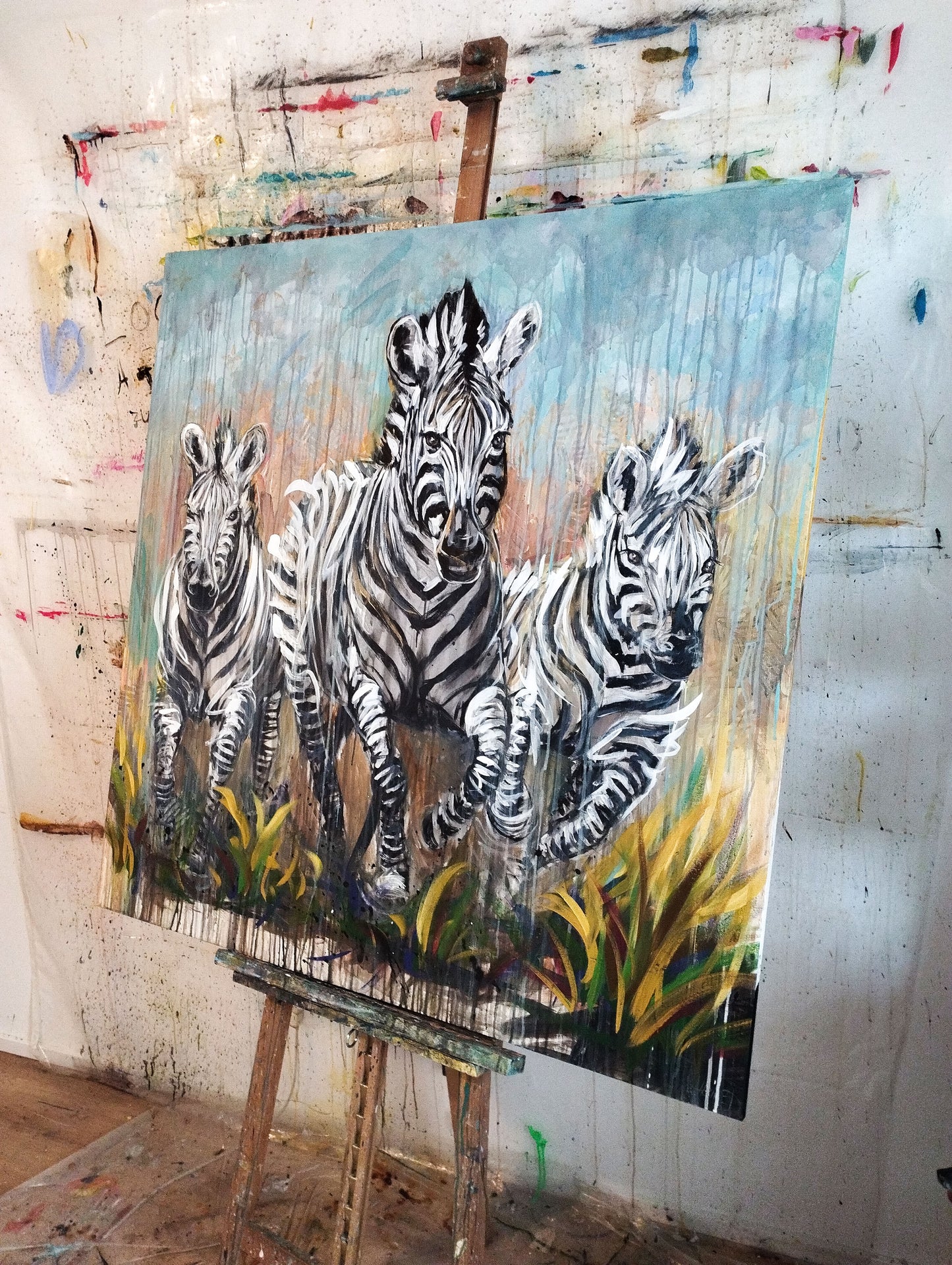 Heinz Acrylbild Acrylgemälde auf Leinwand - „Drei Zebras – drei Seelen in Bewegung“ 120 x 120 cm