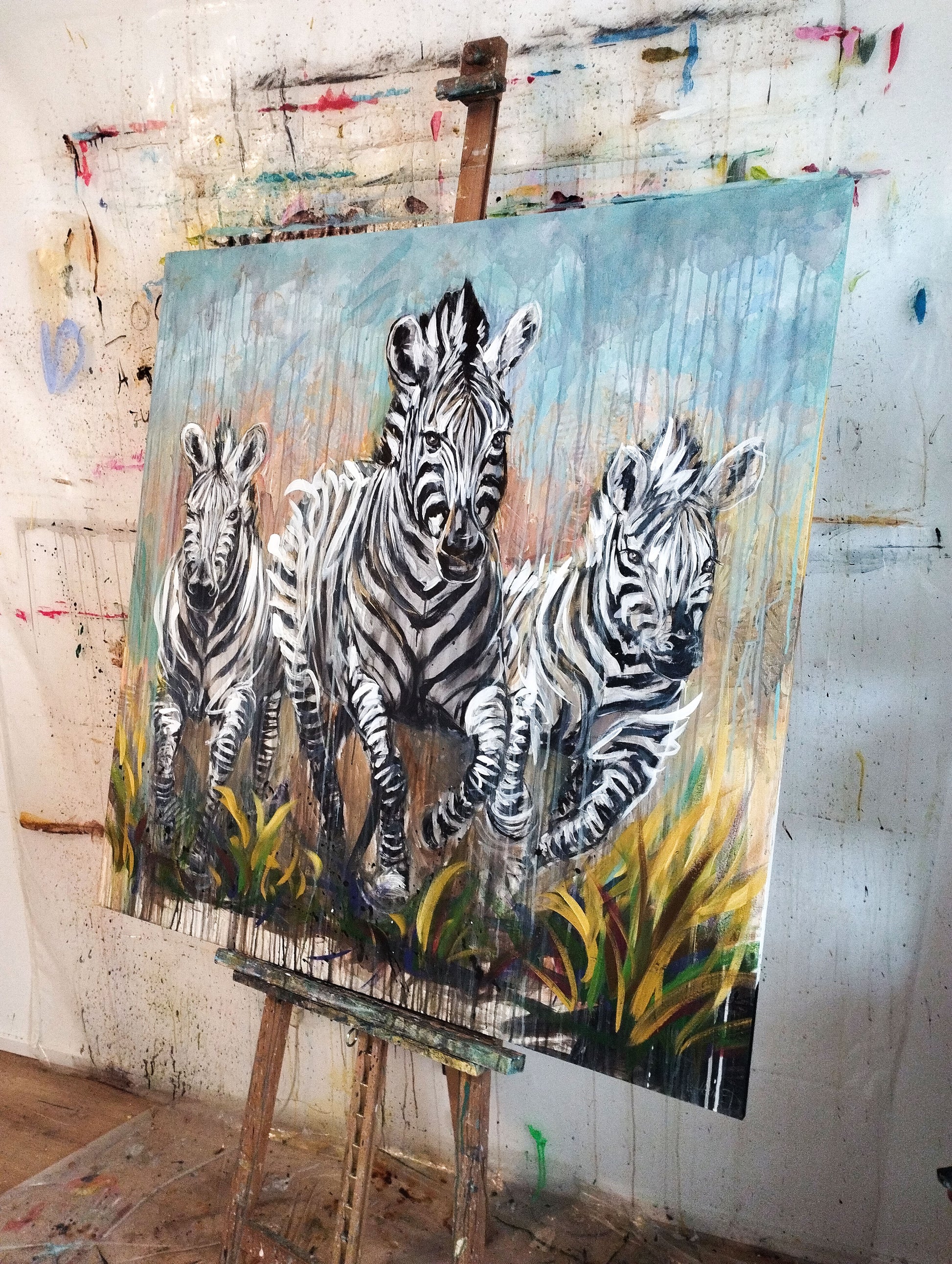 Heinz Acrylbild Acrylgemälde auf Leinwand - „Drei Zebras – drei Seelen in Bewegung“ 120 x 120 cm