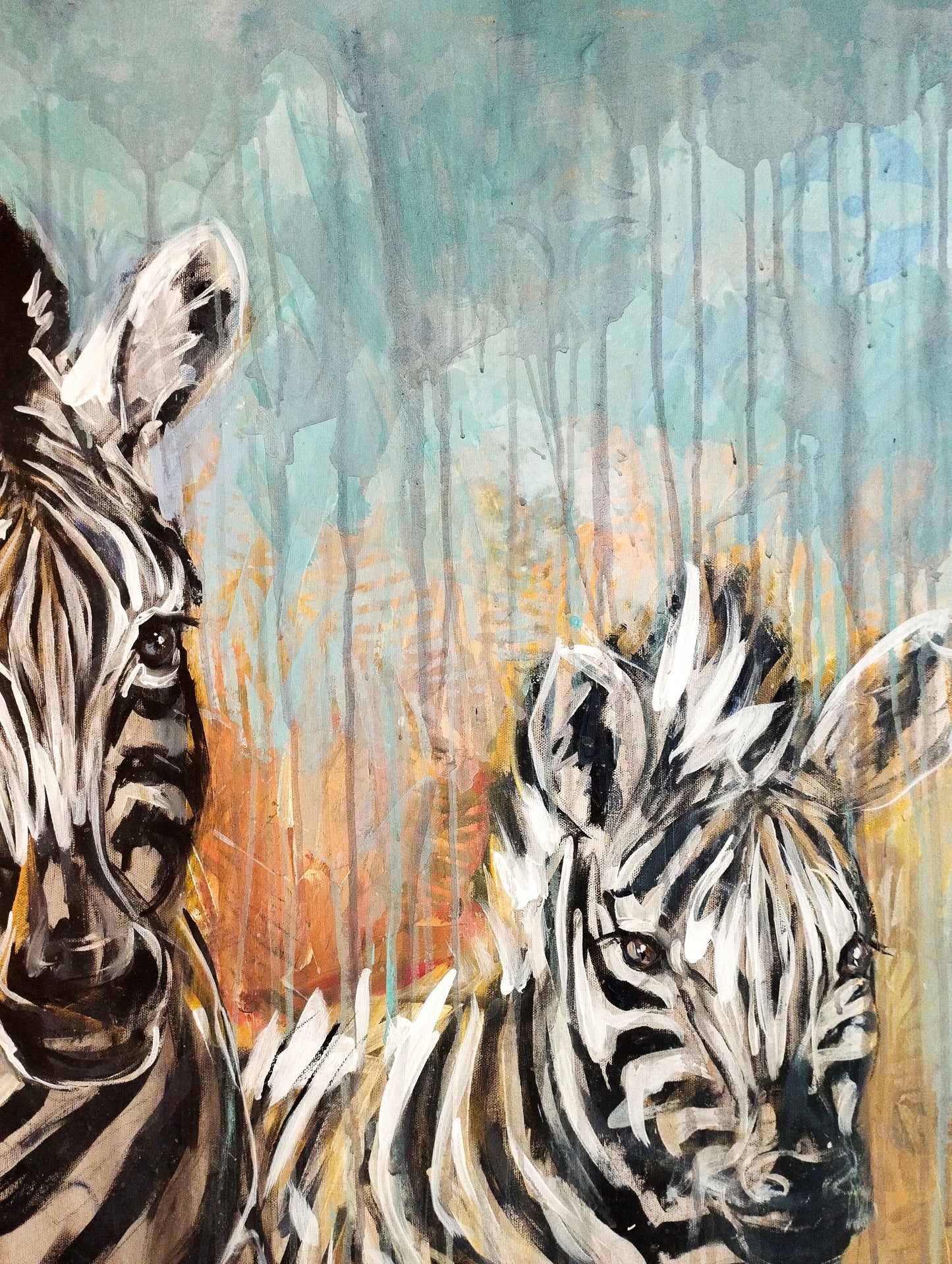 Heinz Acrylbild Acrylgemälde auf Leinwand - „Drei Zebras – drei Seelen in Bewegung“ 120 x 120 cm