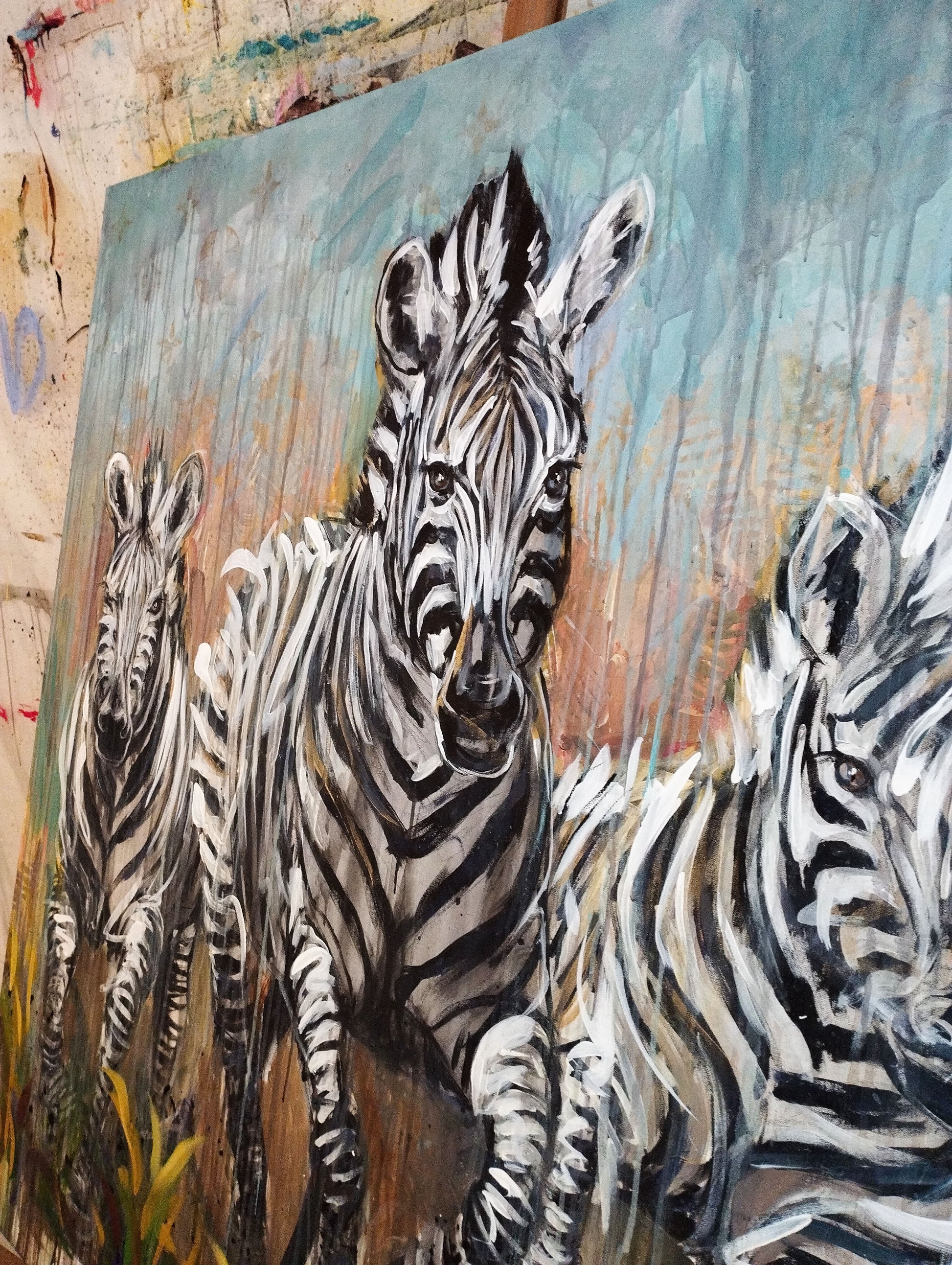 Heinz Acrylbild Acrylgemälde auf Leinwand - „Drei Zebras – drei Seelen in Bewegung“ 120 x 120 cm
