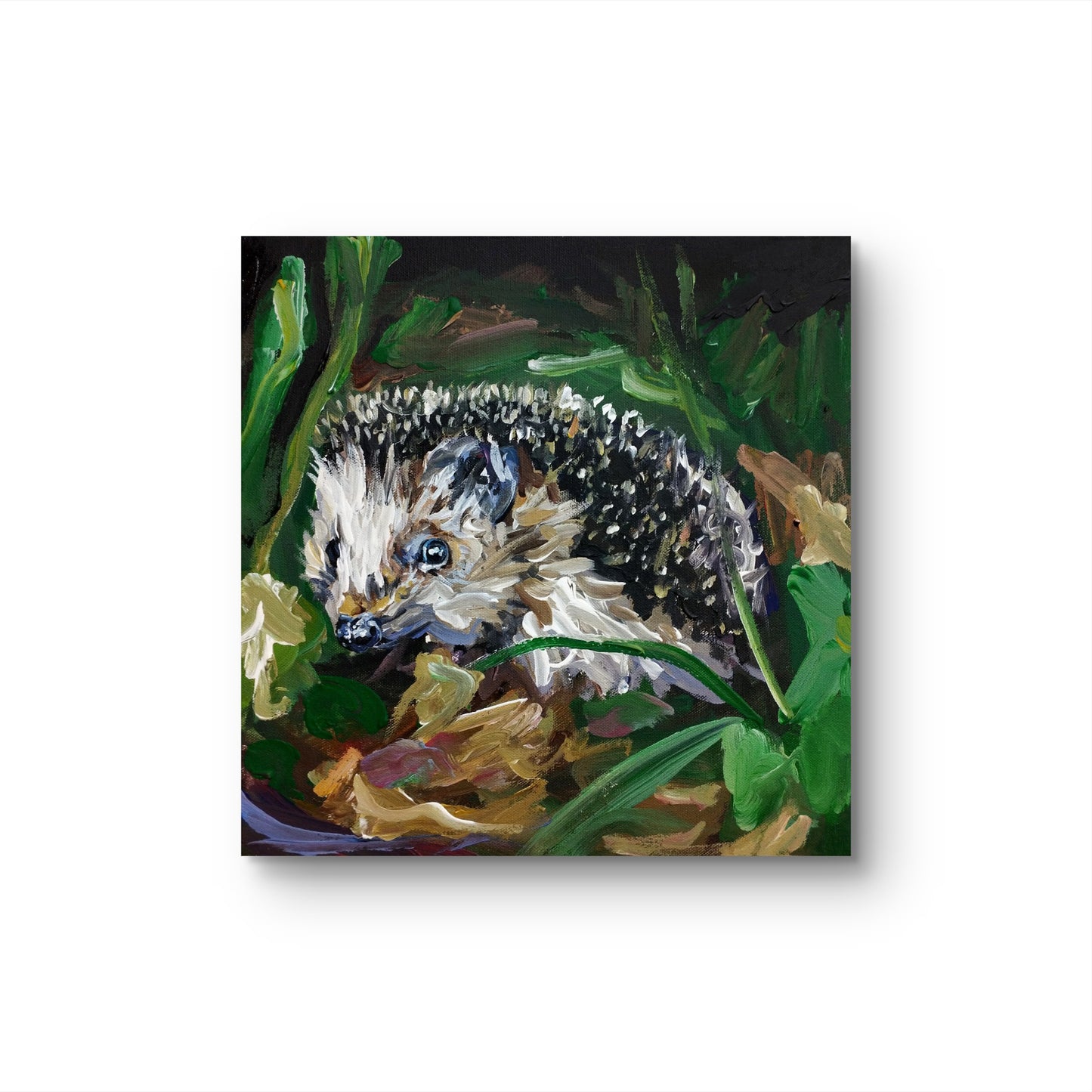 Acrylgemälde Igel im Laub, expressive Malweise mit pastosen Pinselstrichen in Grün, Braun und Weiß.
