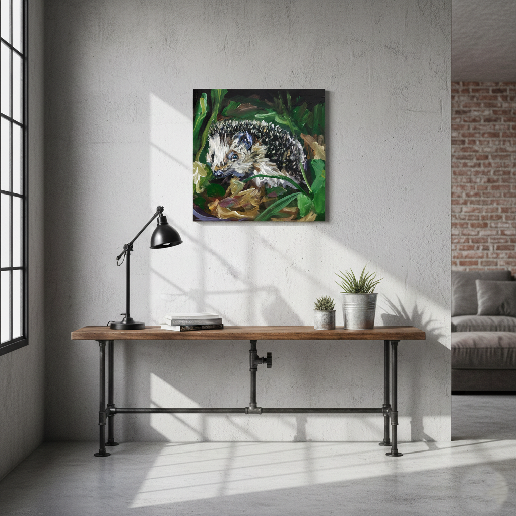 Igel-Gemälde über rustikalem Schreibtisch im Industrial-Stil vor heller Betonwand im Loft.