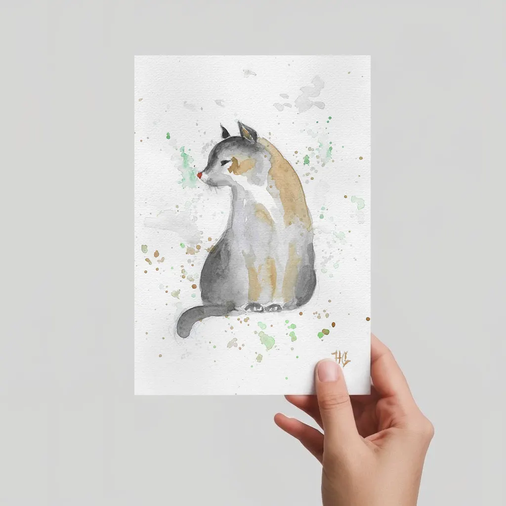 Aquarell Postkarte sitzende Katze mit braunen und grauen Akzenten, handgemalt, expressive Malweise.