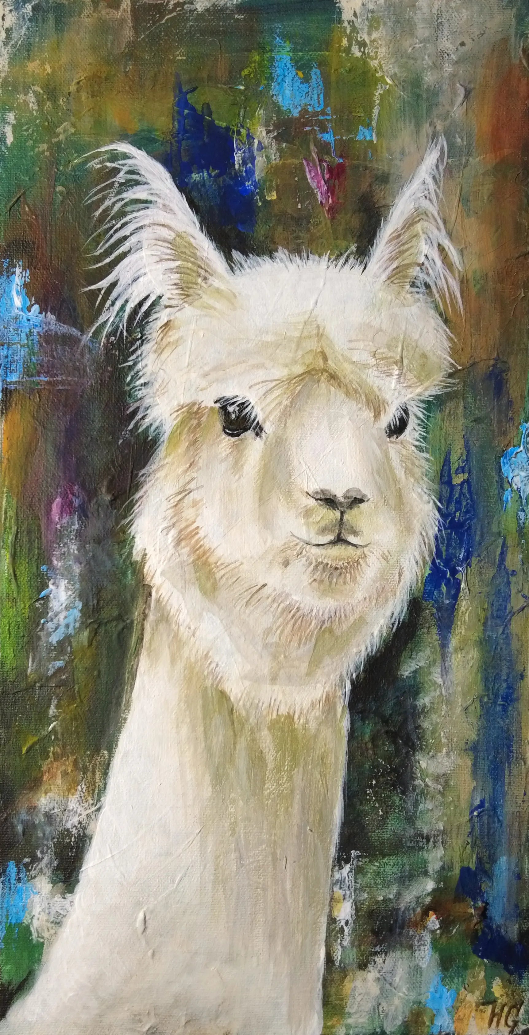 Weißes Lama Acrylbild auf Leinwand mit königlichem Blick, dekoratives Tierportrait für Wohnzimmer