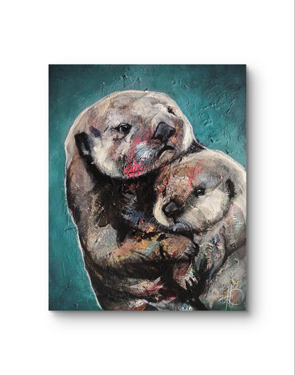 H1Z ART Acrylbild Gemälde Innige Verbundenheit (Otter mit Baby) – handgemaltes Original Acrylbild (40 x 50 cm)
