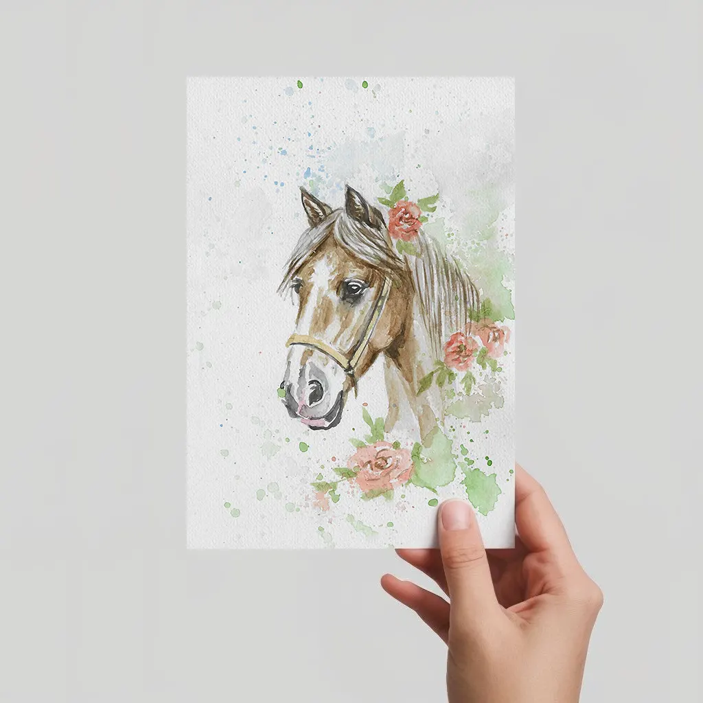 Aquarell Postkarte Pferdeporträt mit Rosenkranz und Halfter, handgemalt, expressive Malweise.