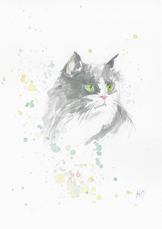 Carte postale « Chat noir » – Peinte à la main 