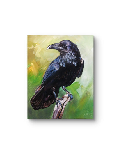 Handgemaltes Acrylgemälde eines Raben, kontrastreiche Darstellung auf weißem Hintergrund.