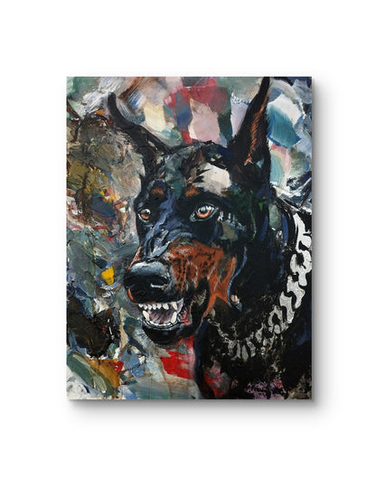 Acrylgemälde Dobermann mit Kette, expressive Malweise mit pastosen Pinselstrichen und abstraktem Hintergrund.