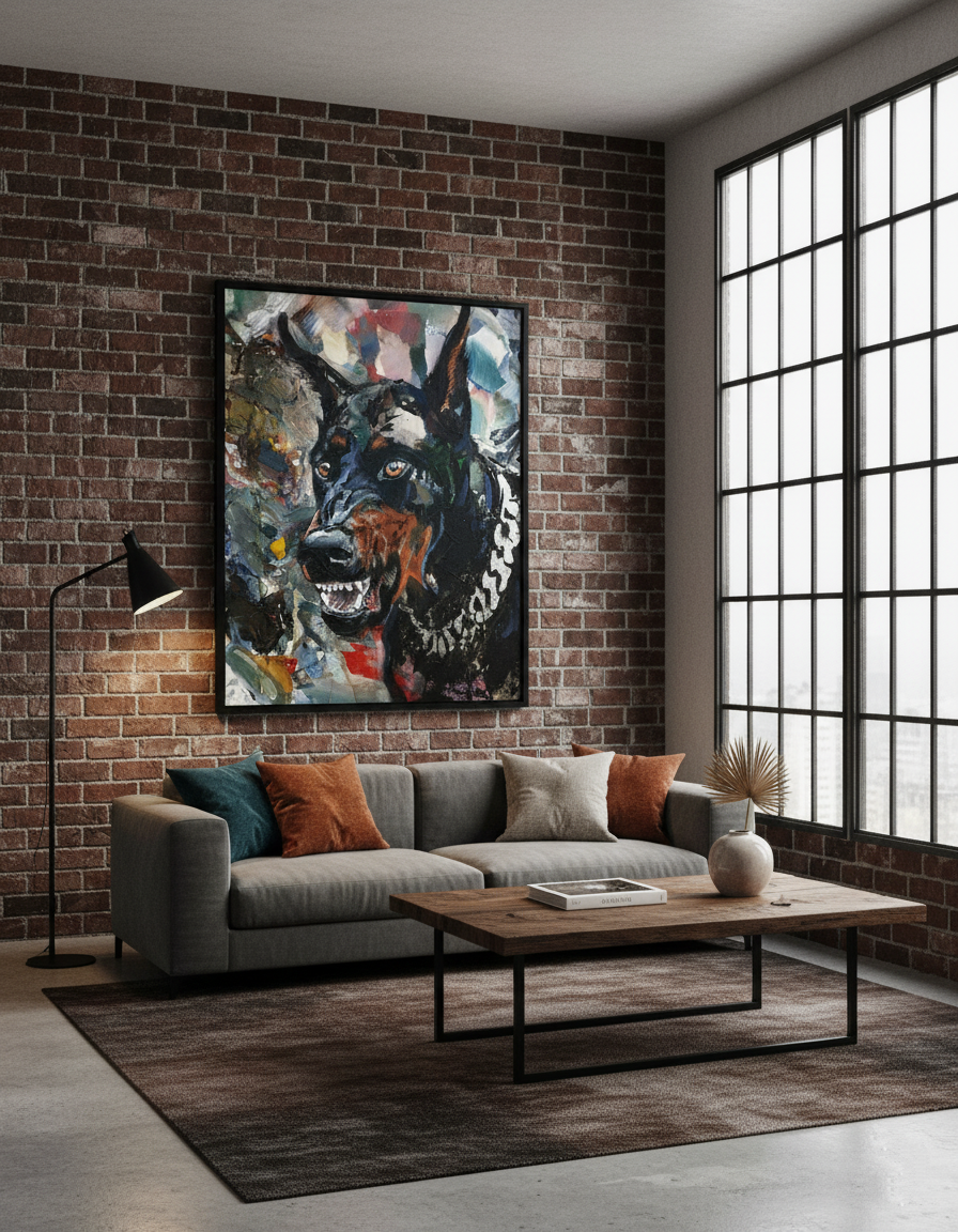 Schäferhund-Gemälde hängt über grauem Sofa vor roter Backsteinwand im hellen Loft-Wohnzimmer.