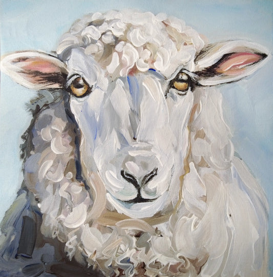 Schaf Acrylbild auf Leinwand, direkt blickend, dekoratives Tierportrait für Wohnzimmer oder Flur