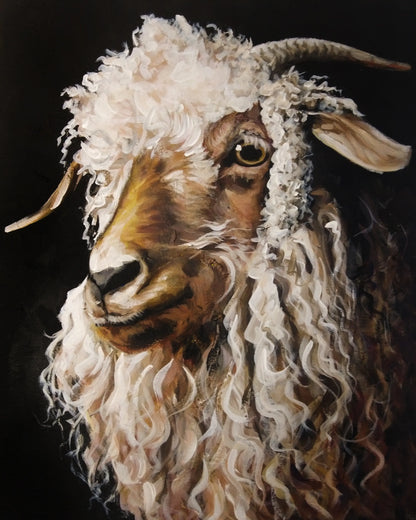 Schafziege Acrylbild auf Leinwand, dunkler Hintergrund, zottiges Fell, modernes Tierportrait für Wohnzimmer