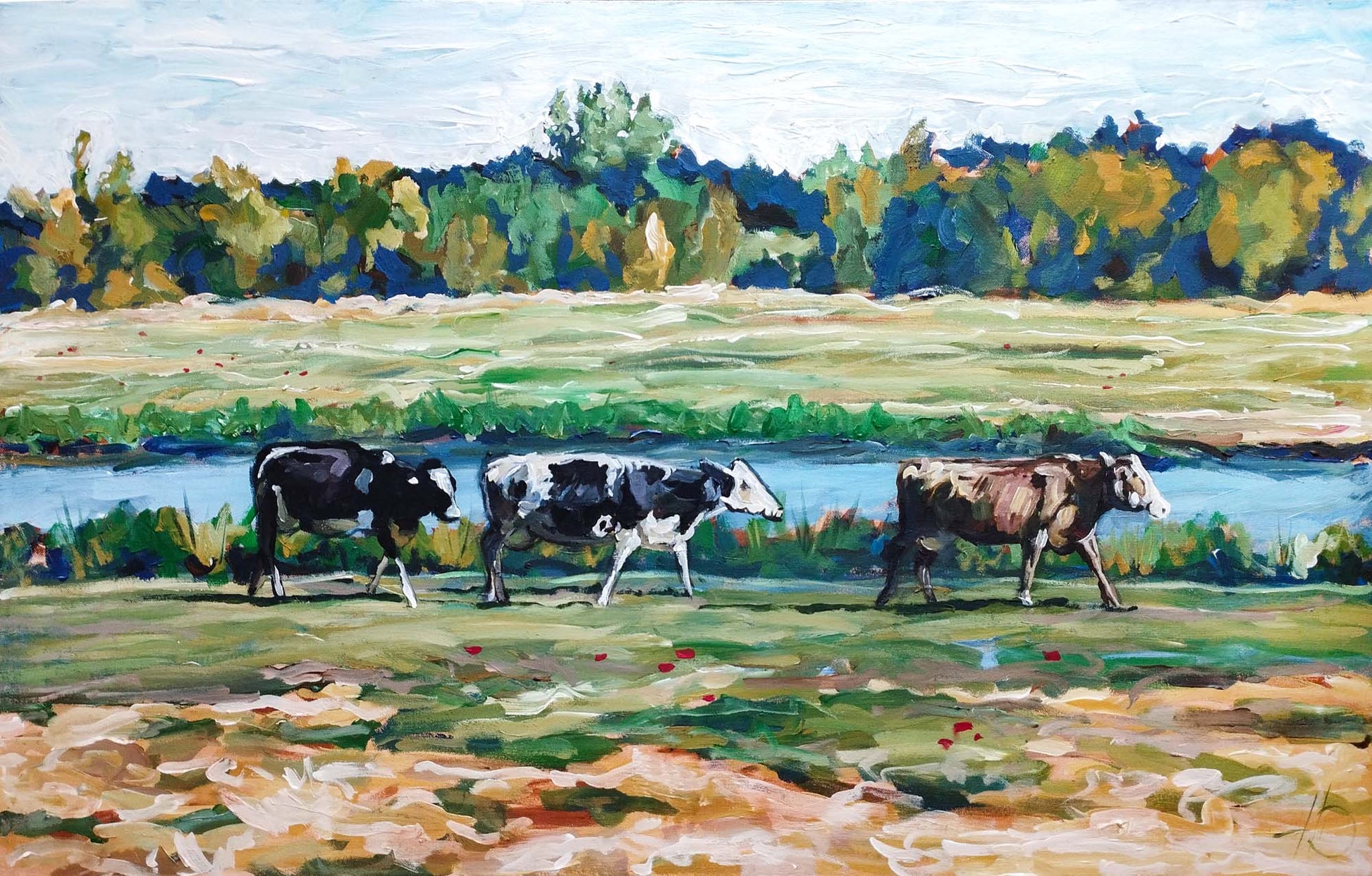 Heinz Acrylbild Acrylgemälde auf Leinwand - „Am Fluss der Kühe – Ein Sommertag“ 95 x 60 cm