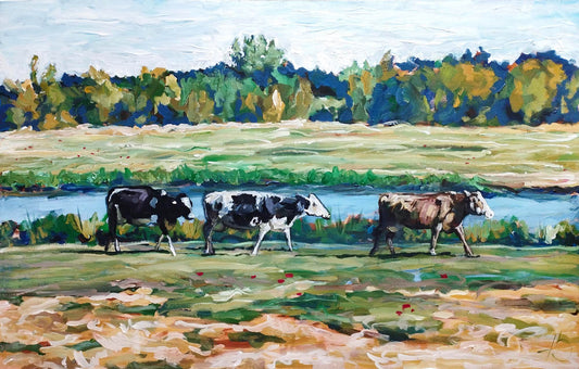 Gemälde Kühe am Flussufer – handgemaltes Original Acrylbild (95 x 60 cm)
