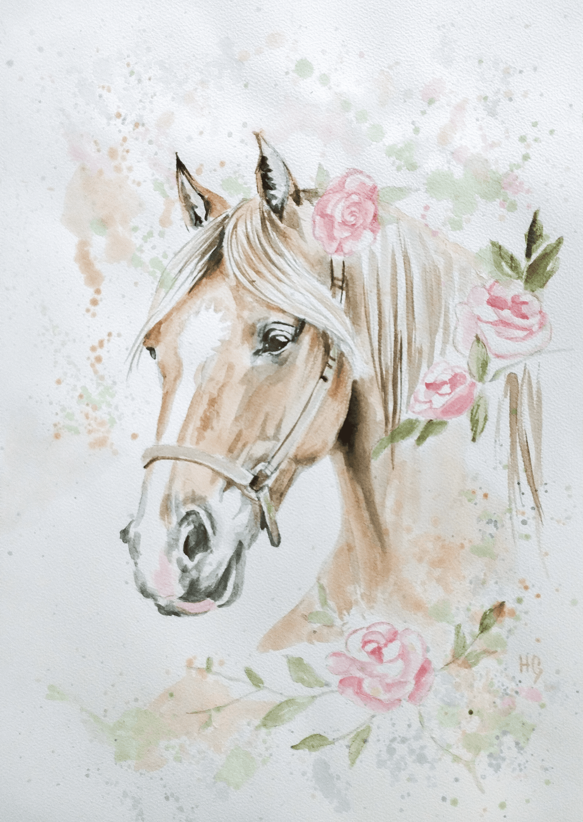 Aquarellbild Pferd mit Blumen (30 × 40 cm) - H1Z Art