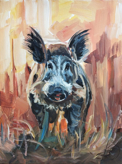 Heinz Acrylbild Gemälde „Wildschwein im Morgenlicht“ 30 x 40 cm