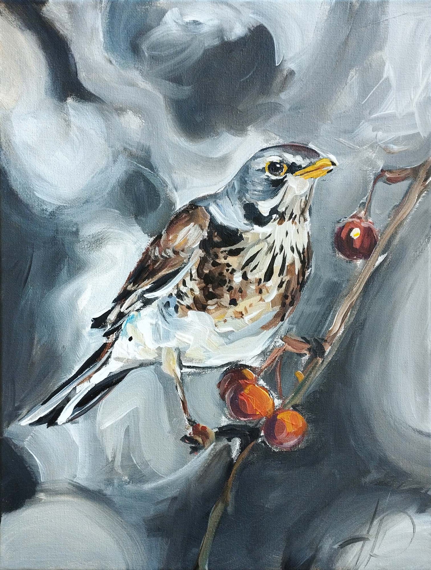 Heinz Acrylbild Acrylgemälde auf Leinwand - „Wintergruß vom Zweig“ 30 x 40 cm