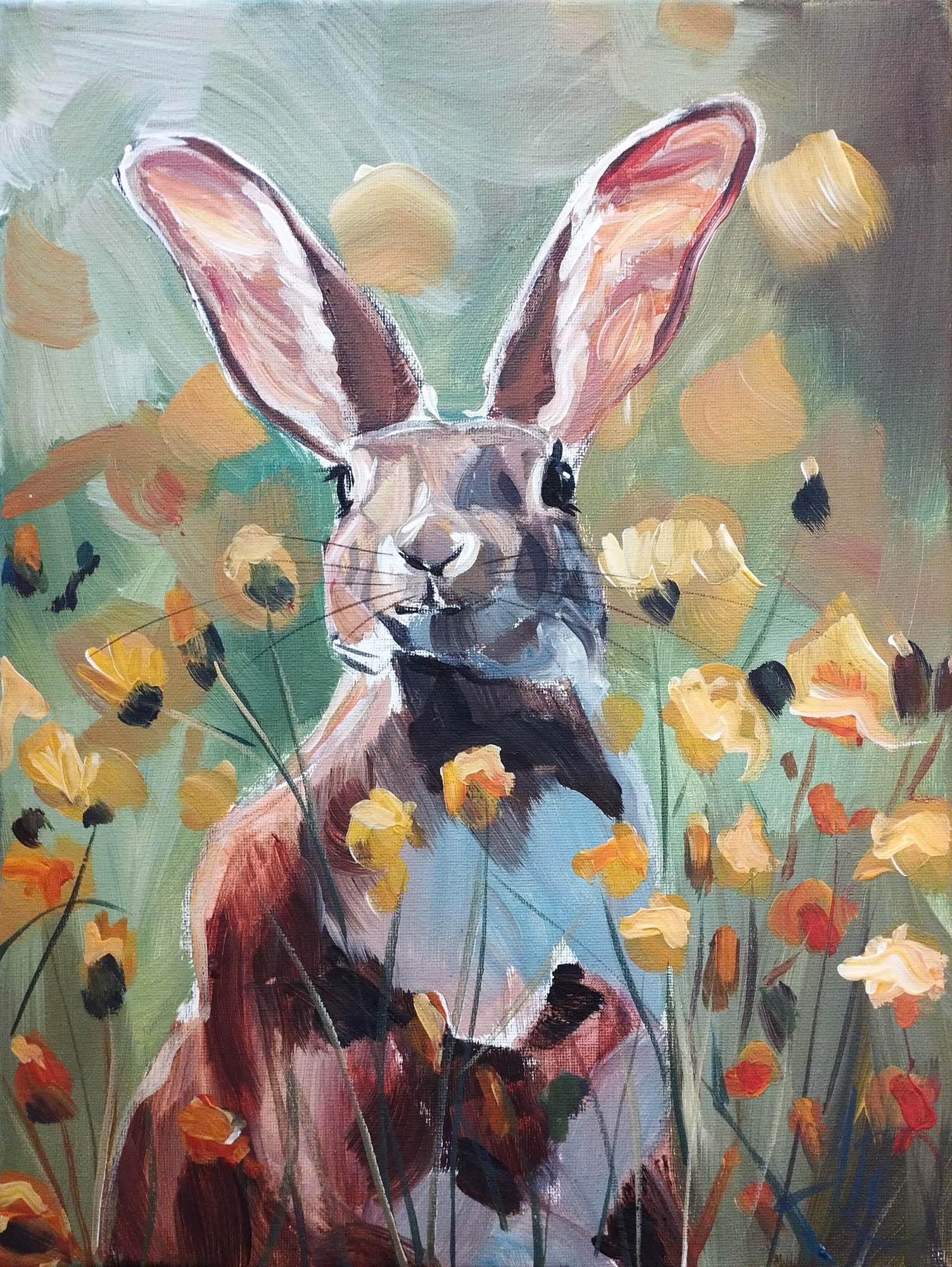 Gemälde Hase im Frühling – handgemaltes Original Acrylbild (30 x 40 cm) - H1Z Art