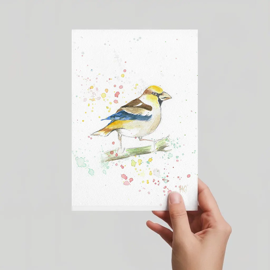 Aquarell Postkarte Kernbeißer auf Ast, handgemalt, expressive Malweise mit bunten Farbspritzern.