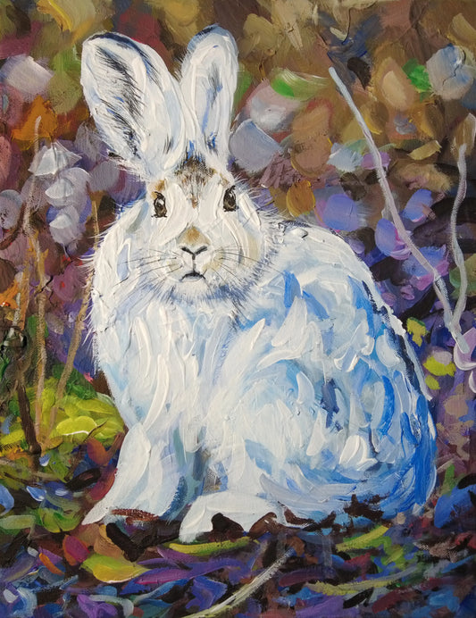 Weißer Waldhase Acrylbild auf Leinwand im dunklen Wald, Tierportrait für Wohnzimmer oder Flur