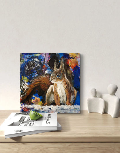 Lebendiges Eichhörnchen Acrylbild auf Leinwand, handgemaltes Tierportrait als kleine Wandkunst für Regal oder Kommode.