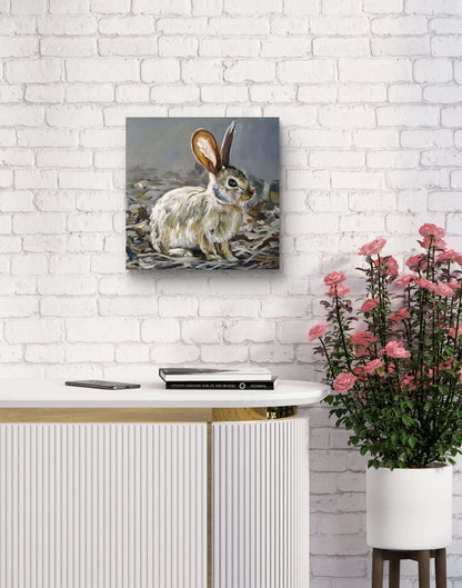 Feldhase in Bewegung, Acrylbild auf Leinwand, dynamisches Tierportrait als natürliche Wanddekoration.