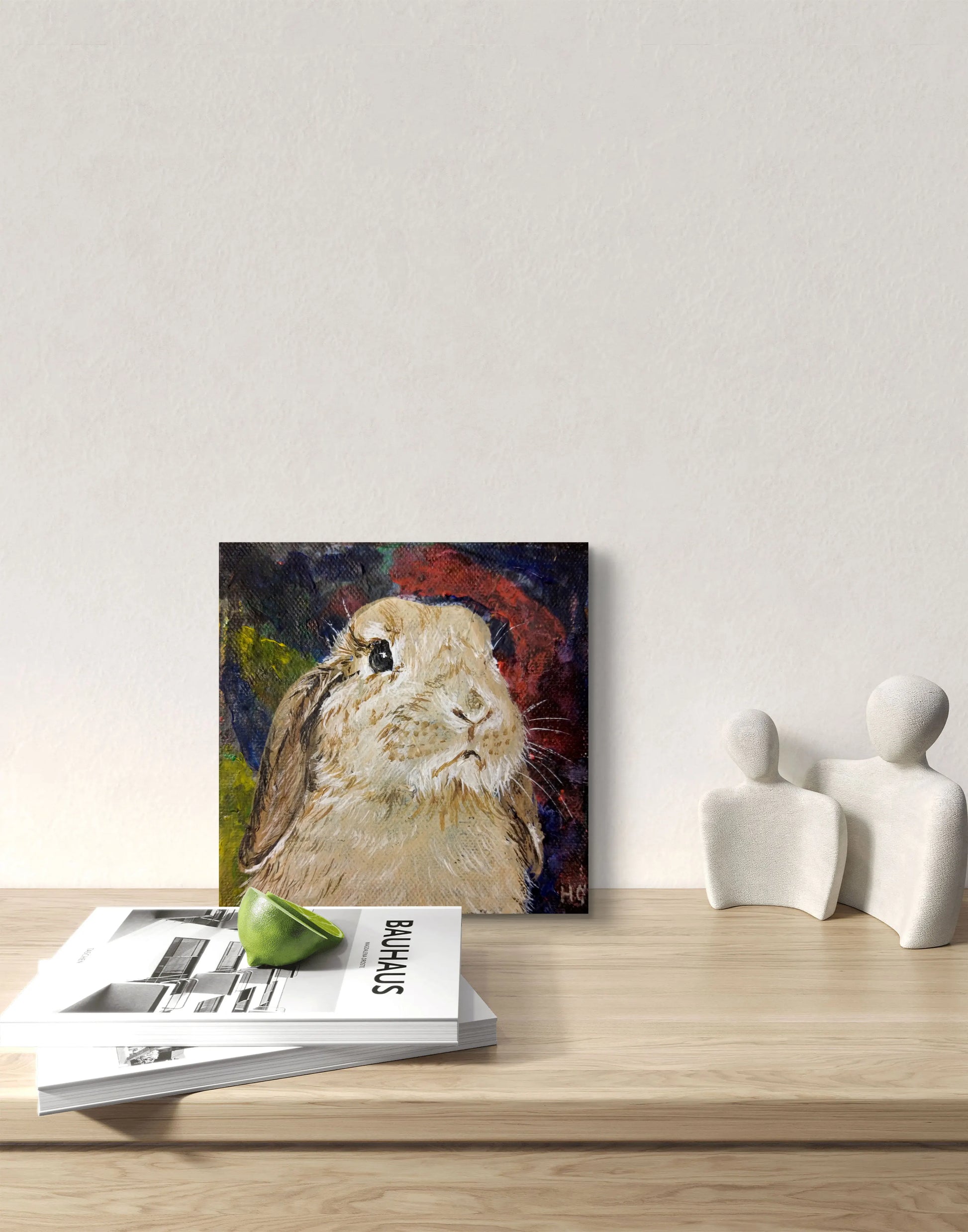 Rundes Kaninchen Acrylbild auf Leinwand, zartes handgemaltes Tierportrait für Kinderzimmer oder Küche.