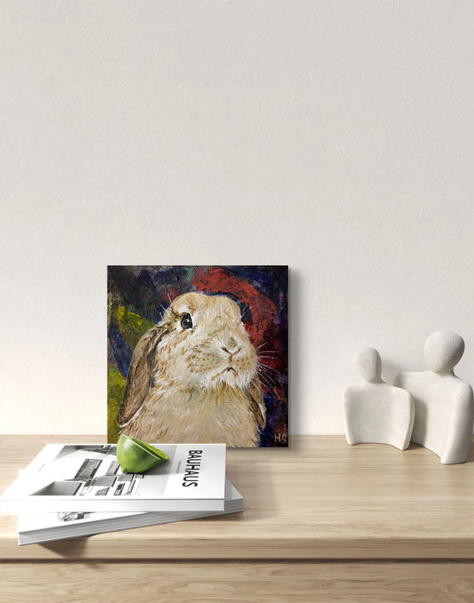 Rundes Kaninchen Acrylbild auf Leinwand, zartes handgemaltes Tierportrait für Kinderzimmer oder Küche.