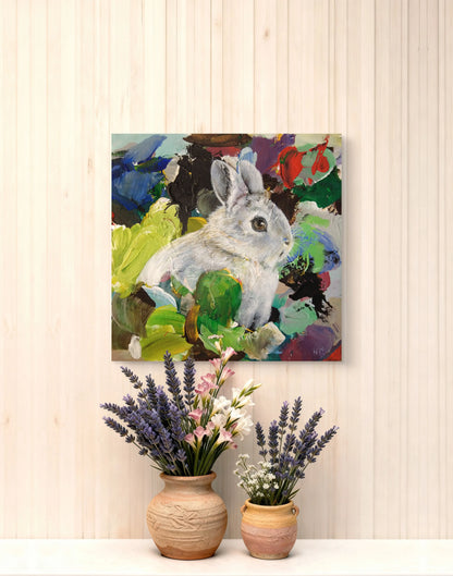Kleines Hase Acrylbild auf Leinwand, sanfte Farben und stille Stimmung für Regal oder Schlafzimmer.