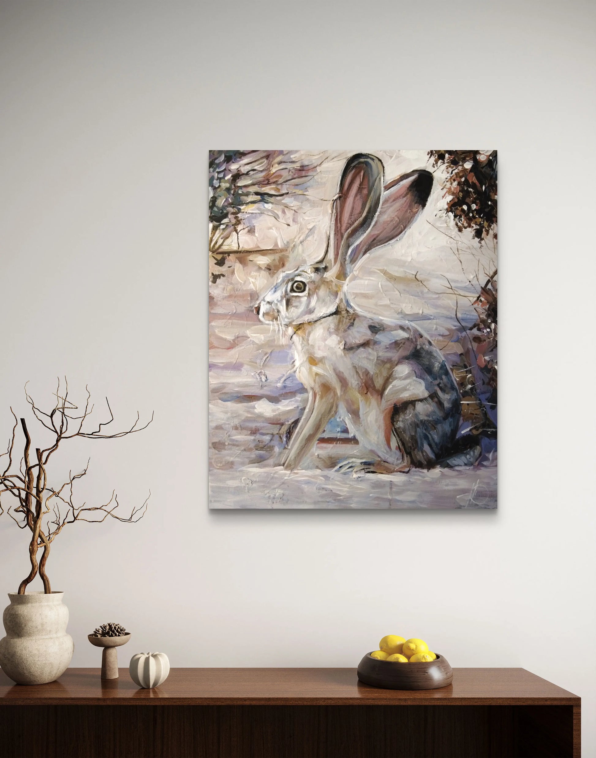 Sanftes Hase Acrylbild auf Leinwand, minimalistisches Tierportrait für Schlafzimmer oder ruhige Ecken.