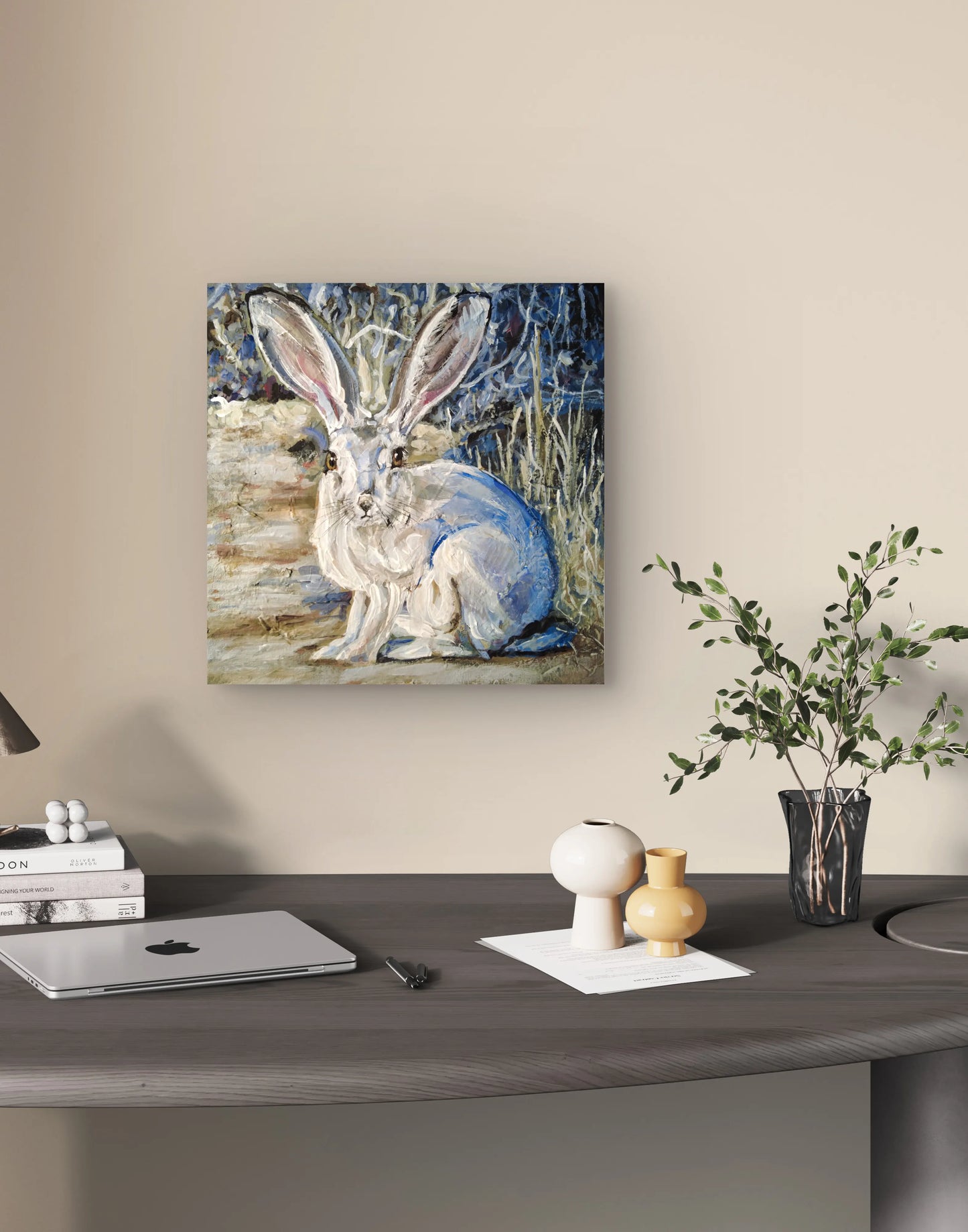 Weißer Feldhase Acrylbild auf Leinwand, minimalistisches Tierportrait für ruhige Räume oder Schlafzimmer.