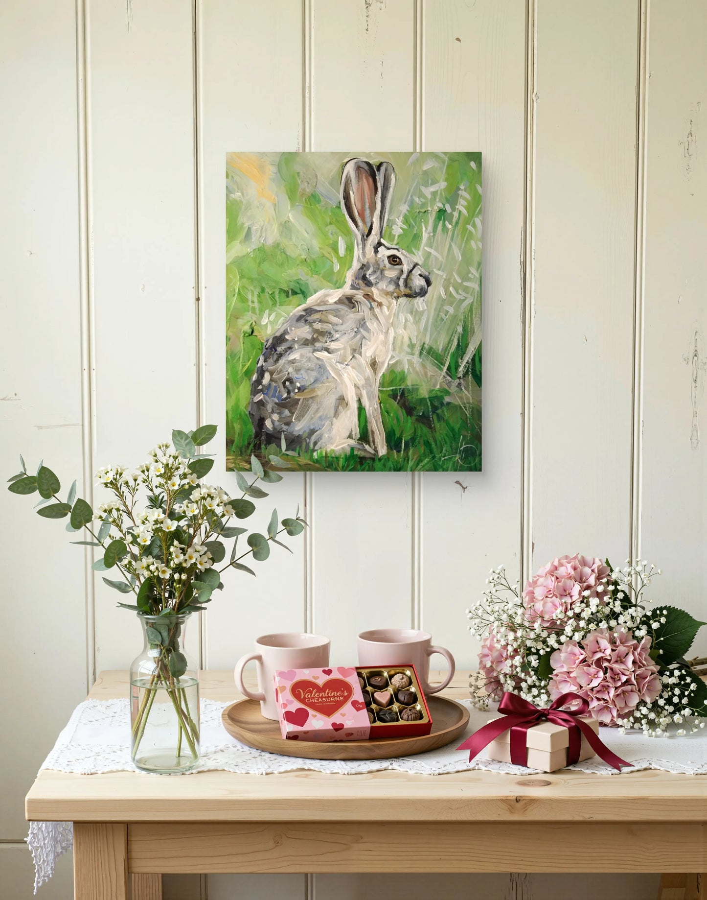 Grünes Hase Acrylbild auf Leinwand, lebendige Tiermalerei für Küche oder Esszimmer.