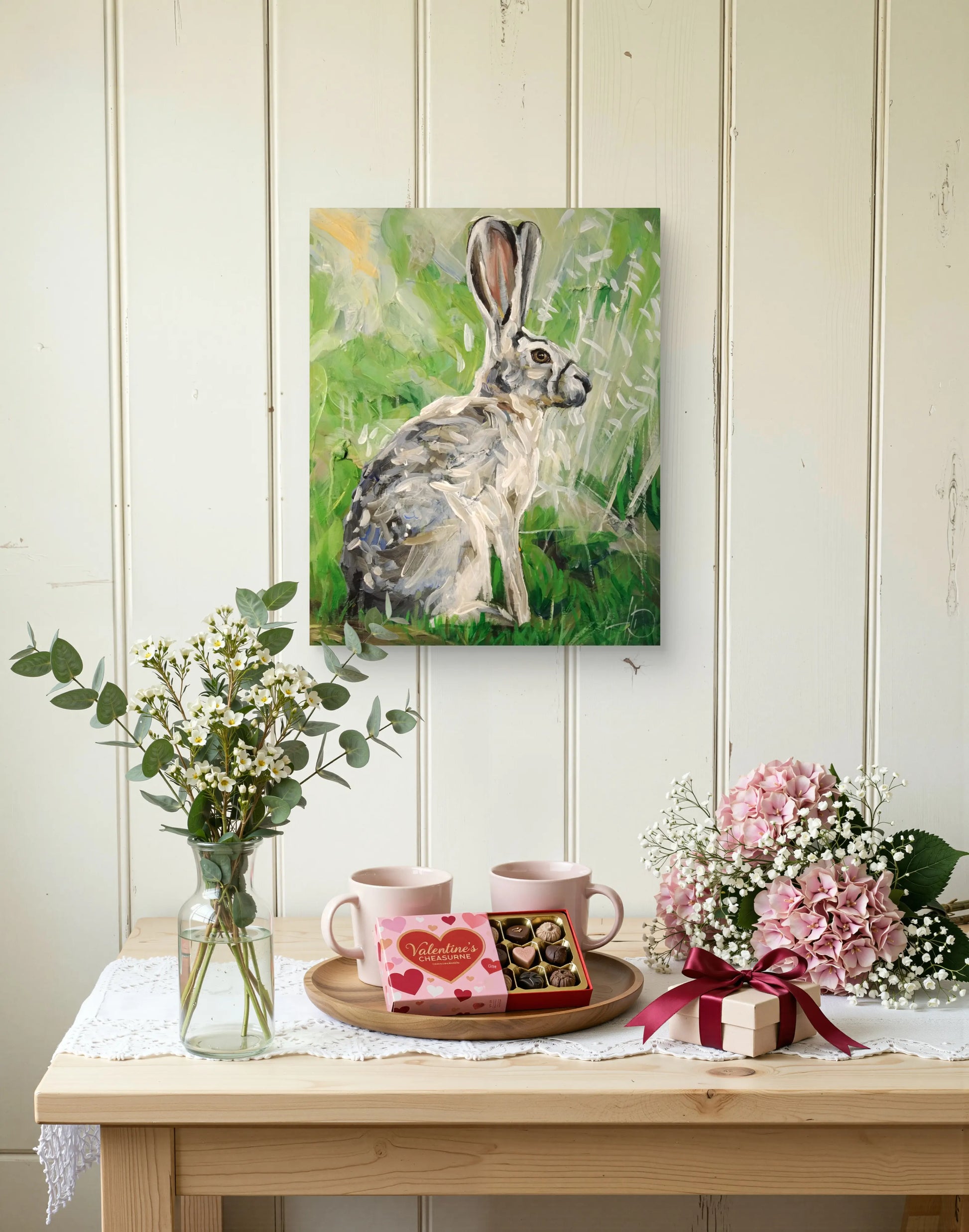 Grünes Hase Acrylbild auf Leinwand, lebendige Tiermalerei für Küche oder Esszimmer.