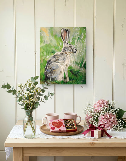 Grünes Hase Acrylbild auf Leinwand, lebendige Tiermalerei für Küche oder Esszimmer.