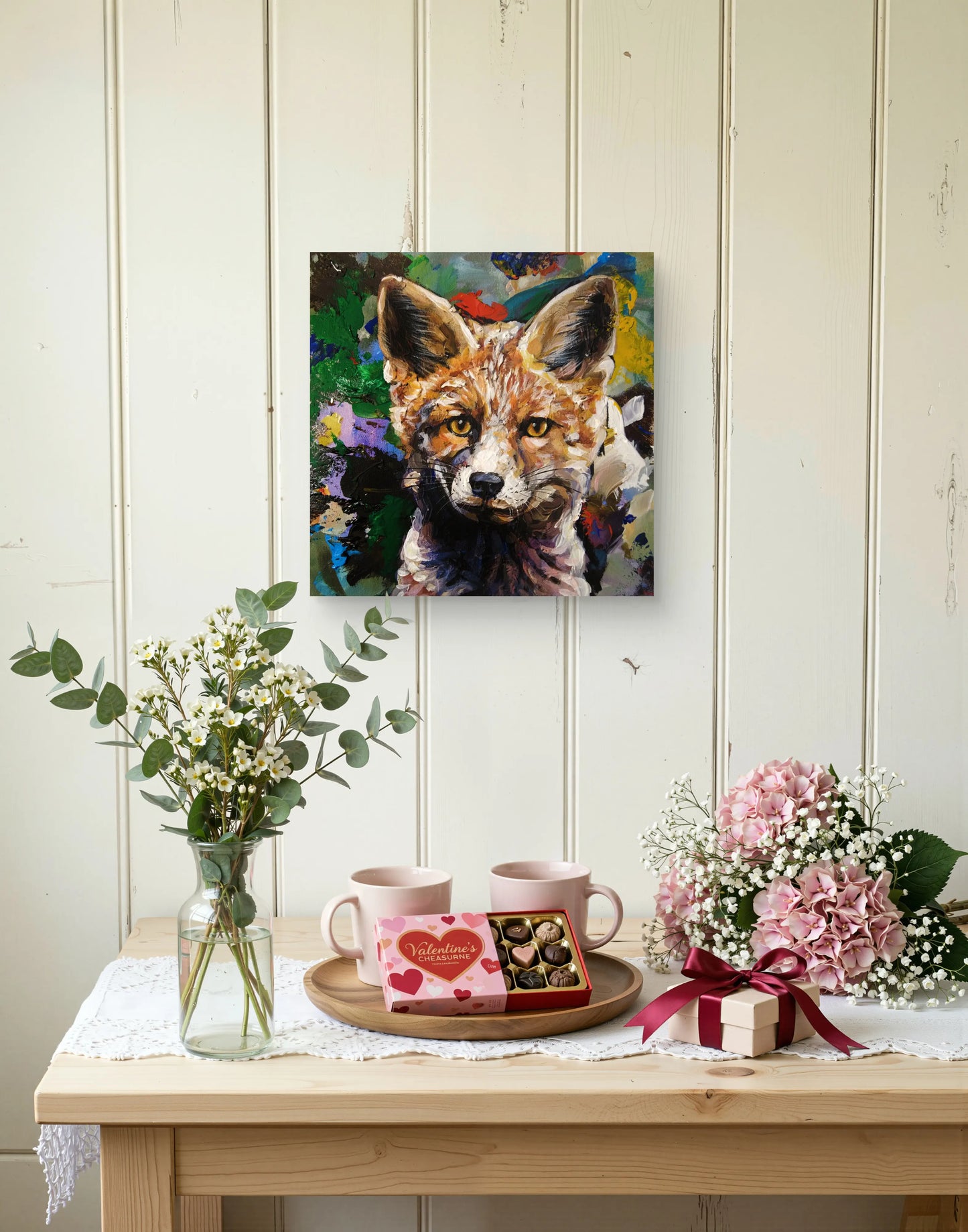 Fuchs Acrylbild mit expressivem Hintergrund, modernes Tierportrait auf Leinwand für Flur oder Arbeitszimmer.