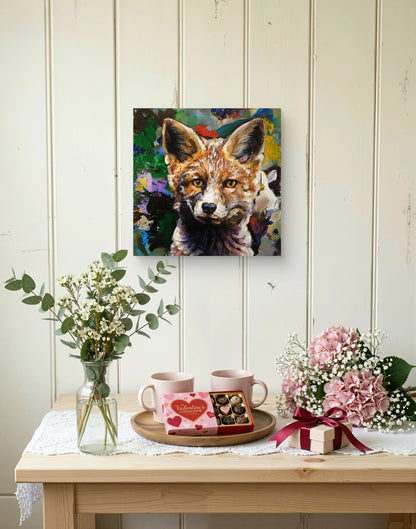 Fuchs Acrylbild mit expressivem Hintergrund, modernes Tierportrait auf Leinwand für Flur oder Arbeitszimmer.