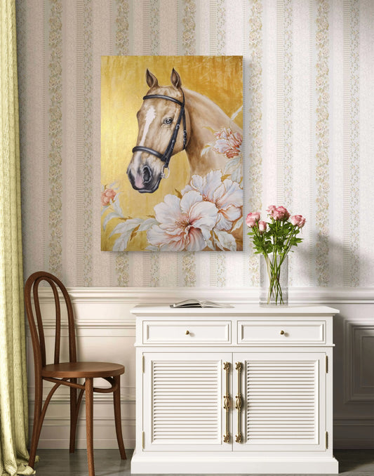 Zartes Pferd Acrylbild auf Leinwand mit goldenen Tönen, handgemaltes Tierportrait für Schlafzimmer oder Flur.