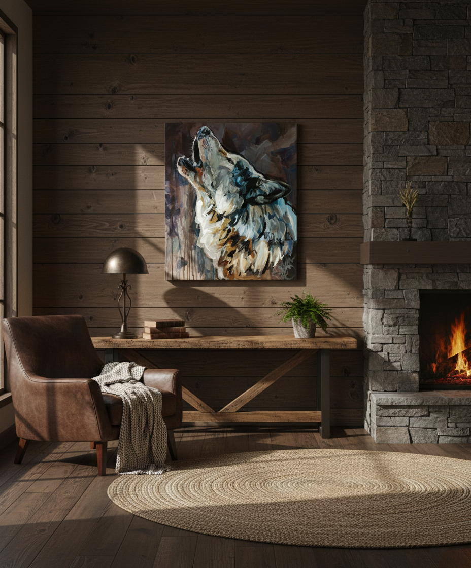 Wolf-Gemälde in Acryl über Holztisch neben Steinkamin im rustikalen Wohnzimmer mit Holzvertäfelung.