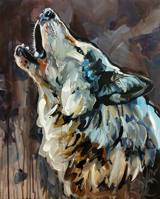 Detailaufnahme: Heulender Wolf in Acryl, pastose Pinselstriche zeigen Textur und expressive Farbgebung.