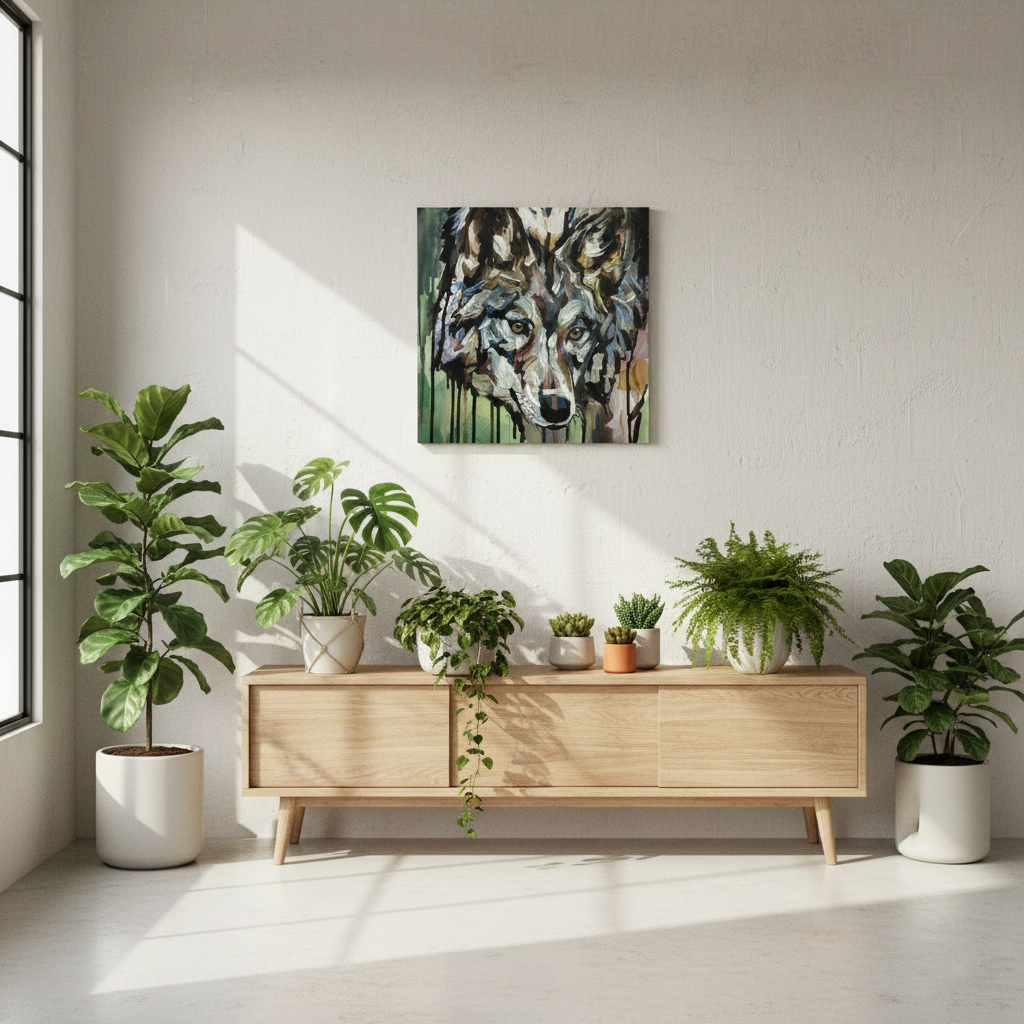 Handgemaltes Wolf-Gemälde über langem, hellem Holz-Sideboard mit vielen Zimmerpflanzen im Raum.