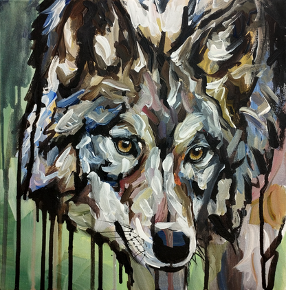 Detailaufnahme: Wolf-Porträt in Acryl, pastose Pinselstriche und schwarze Farbtropfen zeigen intensive Textur.
