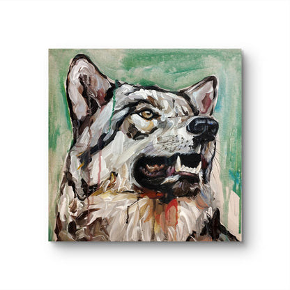 Detailaufnahme: Expressives Wolf-Gemälde mit gelben Augen und sichtbaren Reißzähnen, starke Textur.