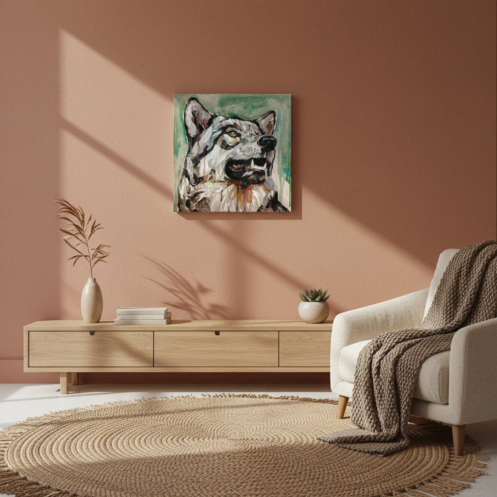 Expressives Wolf-Gemälde über heller Kommode vor terrakottafarbener Wand in der gemütlichen Sitzecke.
