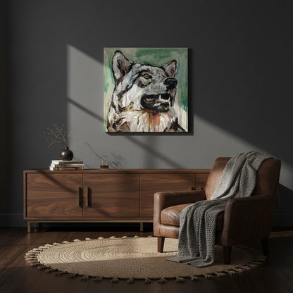 Acrylbild Wolf mit offenem Maul über Sideboard aus dunklem Walnussholz im eleganten, dunklen Raum.
